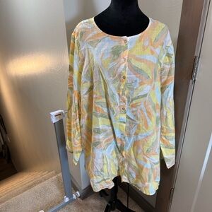 Rachel Zoe Linen Tropical Floral Button Down Tunic Blouse Long‎ Sleeve Pastel 2X